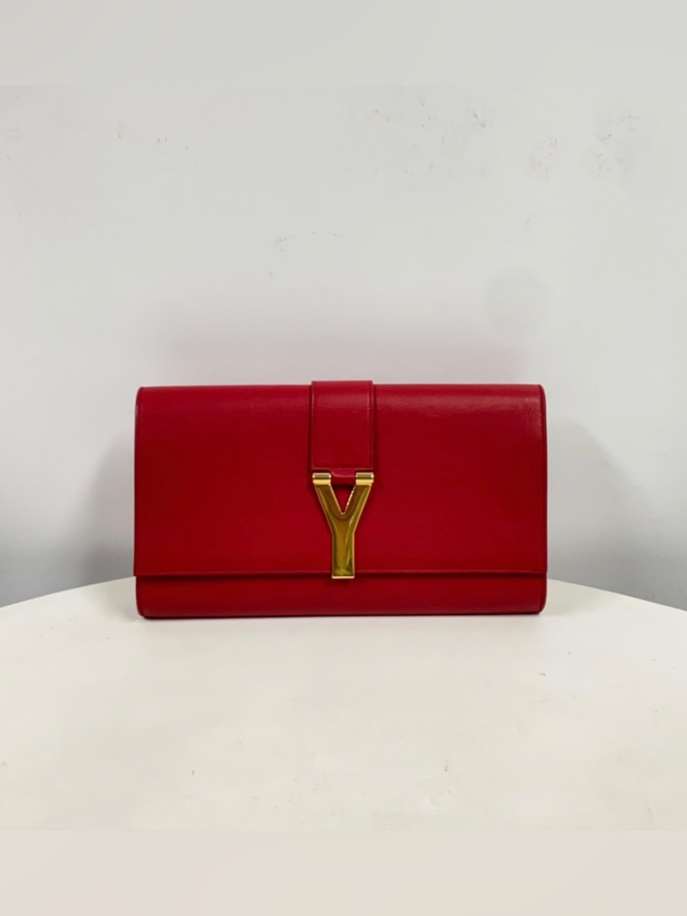 Yves Saint Laurent Red Leather Clutch with Gold Y Accent